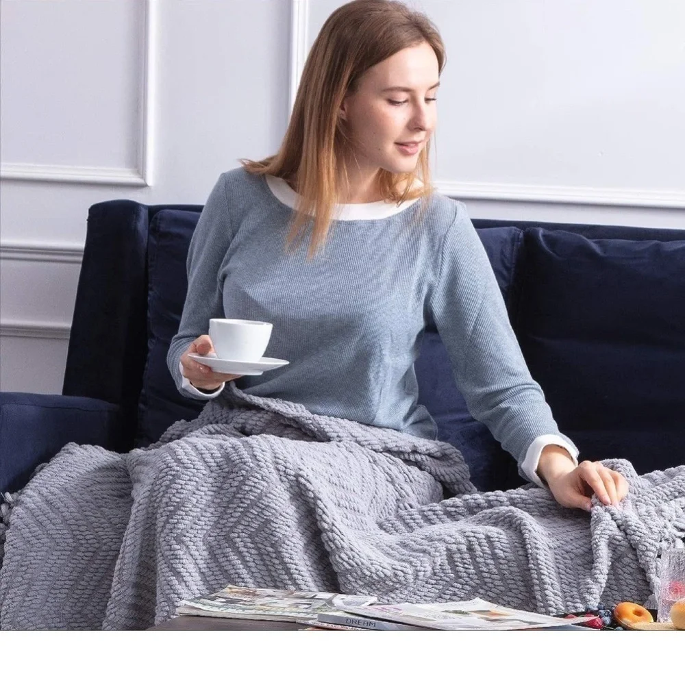 West Elm Light Grey Tassel Chevron Luxury Soft Cozy Blanket for Bedroom/Dorm